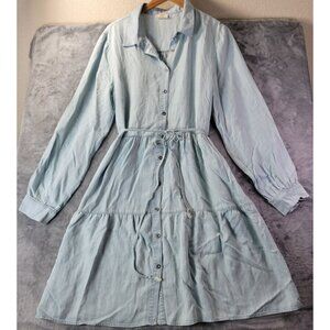 Ott Women’s Chambray Shirt Dress M Blue Tencel Long Sleeve Button Front Casual‎